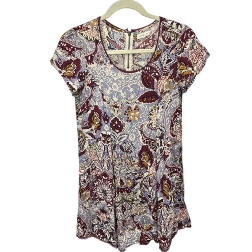 Silence‎ + Noise Floral Print Mini Dress Bohemian Casual Maroon Size S